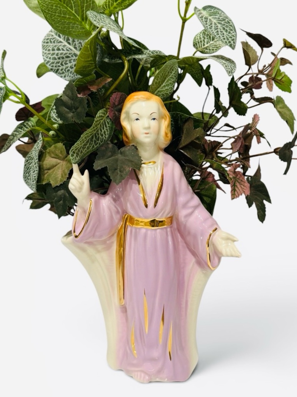 1950s Lady Head Vase Planter – Pink & Lilac Ceramic with Gold Accents – Vintage